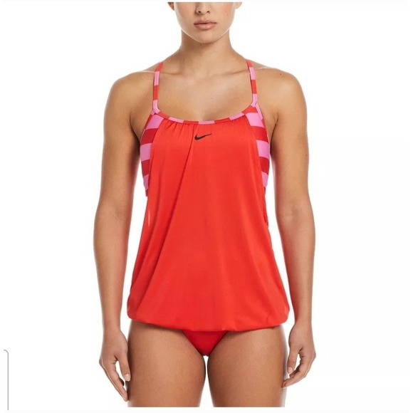 New Nike Swim Layered Tankini Top Women's Medium Red Striped Padded Racer NWT - Picture 1 of 12